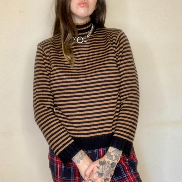 Vintage Sweaters - VTG Brown Striped Mock Turtleneck Sweater